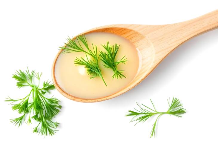 Fresh Dill Shredded for Soup in Wooden Spoon Isolated on White